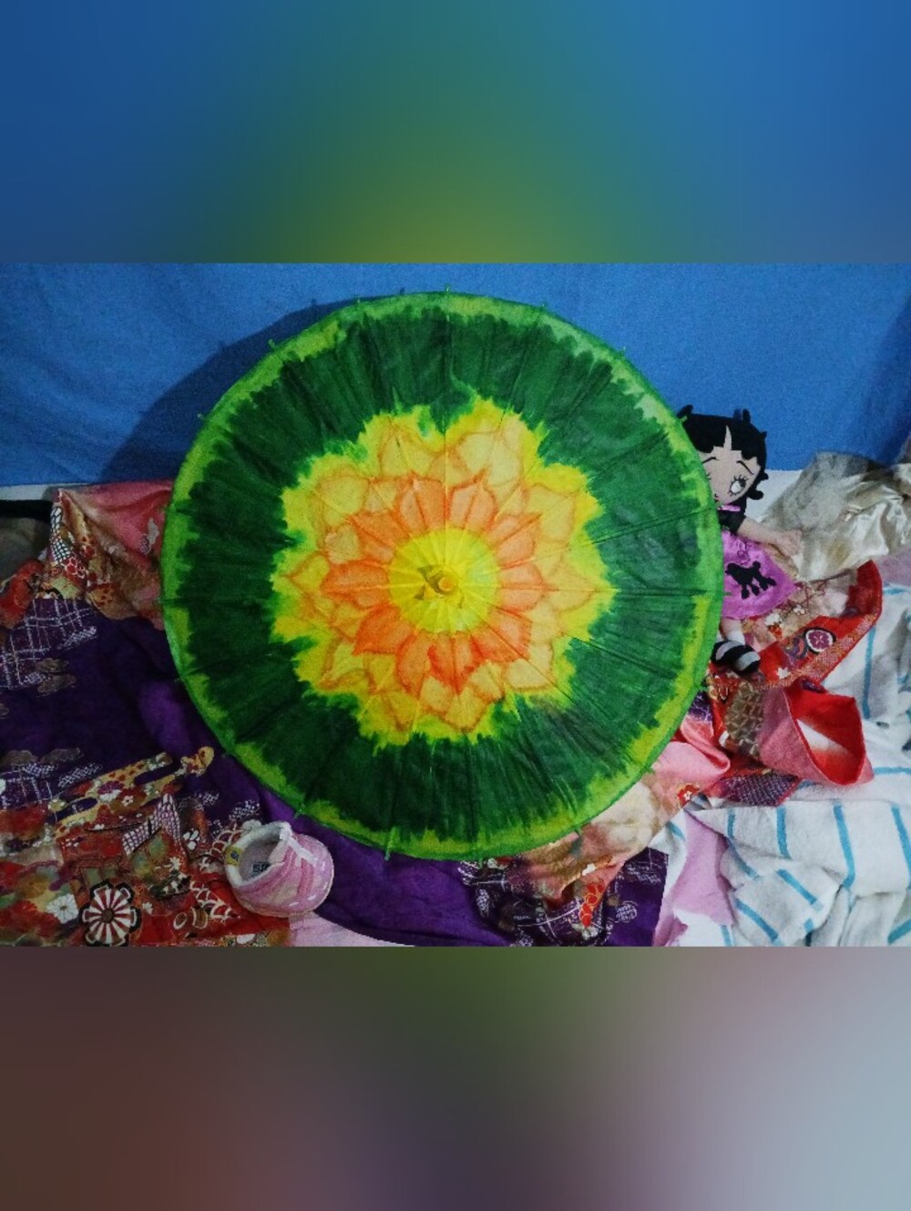 Small Handpainted Green and Orange Lotus Parasol - Painted By PrincessZen